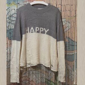 Peace Love World Intarsia "Happy" Cotton Blend Color Block Sweater, Grey, Large